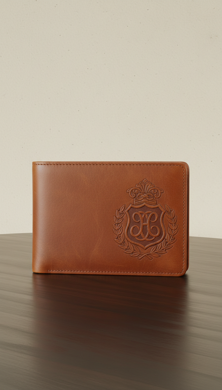 Cognac Leather Crest-Embossed Wallet