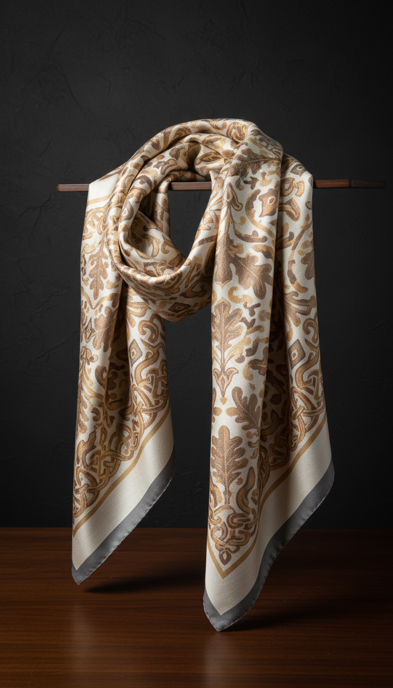 Ivory Parchment Silk Scarf with Heritage Motif